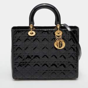 Dior Black Cannage Patent Leather Large Lady Dior Tote