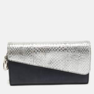 Pre Owned Dior Navy Blue/Silver Leather and Watersnake Charm Flap Continental Wallet