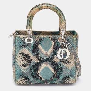 Pre Owned Dior Green/Beige Python and Sequin Medium Lady Dior Tote
