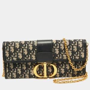 Dior Navy Blue Oblique Canvas and Leather 30 Montaigne Chain Clutch
