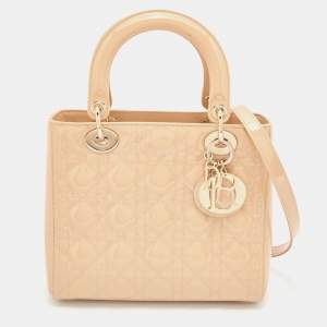 Pre Owned Dior Beige Cannage Patent Leather Medium Lady Dior Tote