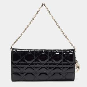 Pre Owned Dior Black Cannage Patent Leather Lady Dior Wallet On Chain
