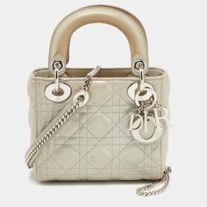 Pre Owned Dior Grey Shimmering Leather Mini Chain Lady Dior Tote