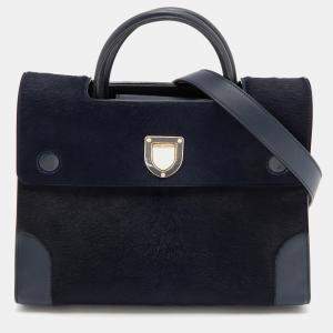 Pre Owned Dior Navy Blue/Brown Leather and Calf Hair Medium Diorever Tote