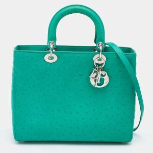 Dior Green Ostrich Large Lady Dior Tote