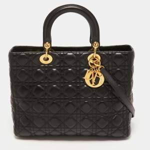 Pre Owned Dior Black Cannage Leather Large Lady Dior Tote