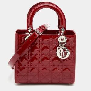 Dior Red Cannage Patent Leather Medium Lady Dior Tote