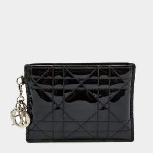 Pre Owned Dior Black Cannage Patent Leather Lady Dior Card Holder