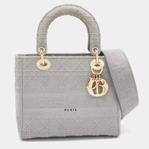 Pre Owned Dior Grey Cannage Embroidered Canvas Medium Lady D-Lite Tote