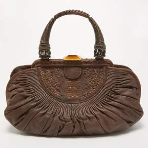 Pre Owned Dior Dark Brown Leather Medium Plisse Frame Bag