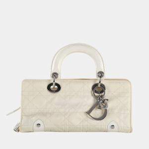 Pre Owned Christian Dior White Cannage Canvas East West Lady Dior Tote Bag