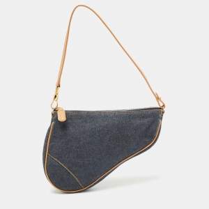 Dior Navy Blue/Beige Denim and Leather Saddle Pochette Bag