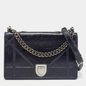 Pre Owned Dior Navy Blue Crackle Patent Leather Medium Diorama Shoulder Bag