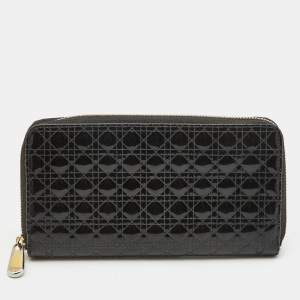 Pre Owned Dior Black Cannage Patent Leather Lady Dior Continental Wallet