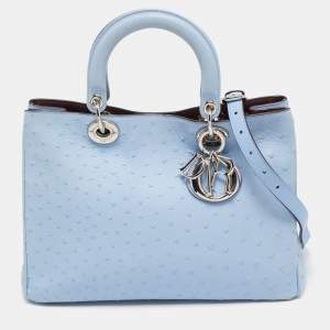 Pre Owned Dior Light Blue Ostrich Large Lady Dior Tote