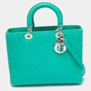 Pre Owned Dior Green Ostrich Large Lady Dior Tote