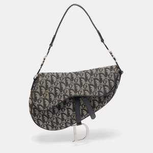 Dior Black Oblique Canvas  and Leather Saddle Bag