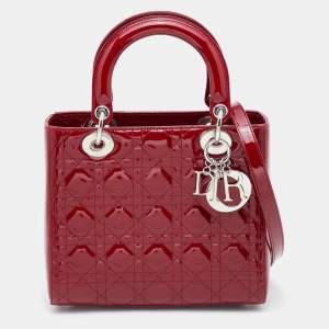 Dior Red Cannage Patent Leather Medium Lady Dior Tote
