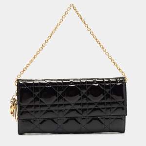 Dior Black Cannage Patent Leather Lady Dior Rendezvous Wallet on Chain