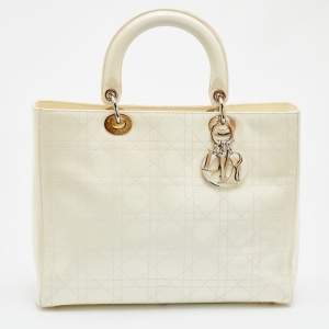 Pre Owned Dior White Cannage Patent Leather Large Lady Dior Tote