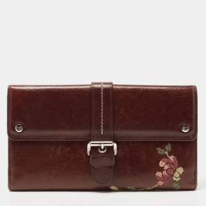 Pre Owned Dior Brown Floral Embroidered Leather Buckle Flap Continental Wallet