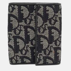 Pre Owned Dior Black Oblique Canvas and Leather Trifold Compact Wallet