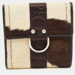 Pre Owned Dior Brown/Beige Calfhair and Leather Buckle Flap Compact Wallet