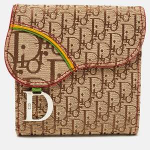 Pre Owned Dior Beige Oblique Canvas Rasta Saddle Compact Wallet