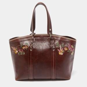 Pre Owned Dior Dark Brown Leather Romantique Flowers Tote