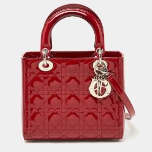 Pre Owned Dior Red Cannage Patent Leather Medium Lady Dior Tote