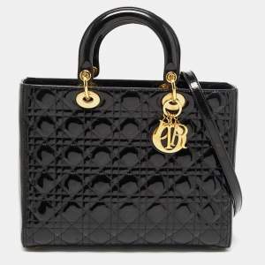 Pre Owned Dior Black Cannage Patent Leather Large Lady Dior Tote