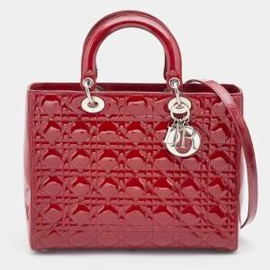 Dior Red Cannage Patent Leather Large Lady Dior Tote