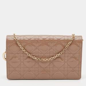 Dior Dark Beige Cannage Patent Leather Lady Dior Chain Clutch
