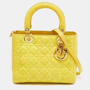 Pre Owned Dior Yellow Cannage Python Leather Medium Lady Dior Tote