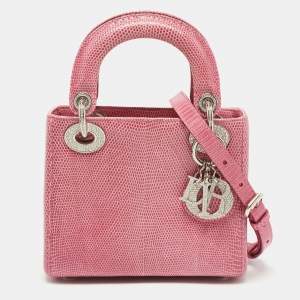 Dior Pink Lizard Mini Crystals Embellished Lady Dior Tote