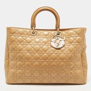 Pre Owned Dior Cream Cannage Patent Leather XL Lady Dior Tote