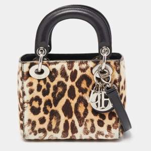 Pre Owned Dior Brown/Black Leopard Print Calfhair and Leather Mini Lady Dior Tote