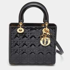 Dior Black Cannage Patent Leather Medium Lady Dior Tote