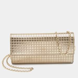 Dior Metallic Gold Microcannage Patent Leather Croisiere Wallet On Chain