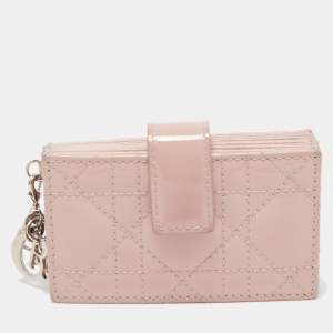 Pre Owned Dior Pink Cannage Patent Leather Lady Dior 5 Gusset Card Holder