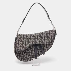 Pre Owned Dior Black Oblique Canvas and Leather Saddle Bag
