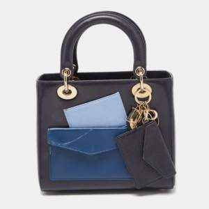 Dior Midnight Blue Leather Medium Pockets Lady Dior Tote