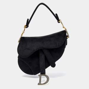 Dior Black Velvet Mini Crystal Embellished Saddle Bag