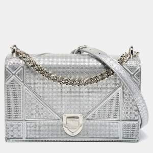 Dior Silver Micro Cannage Patent Leather Medium Diorama Shoulder Bag