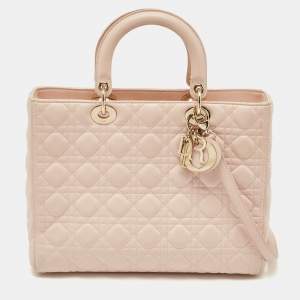 Pre Owned Dior Light Pink Cannage Leather Large Lady Dior Tote