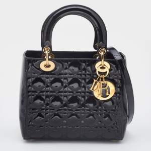 Dior Black Cannage Patent Leather Medium Lady Dior Tote