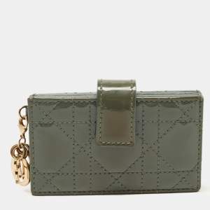 Pre Owned Dior Green Cannage Patent Leather 5 Gusset Card Holder