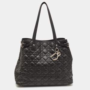 Pre Owned Dior Black Cannage Coated Canvas and Leather Medium Panarea Tote