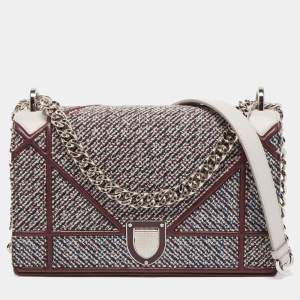 Pre Owned Dior Burgundy Tweed and Leather Medium Diorama Shoulder Bag