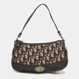 Pre Owned Dior Navy Blue/Cream Oblique Canvas and Leather Baguette Bag
